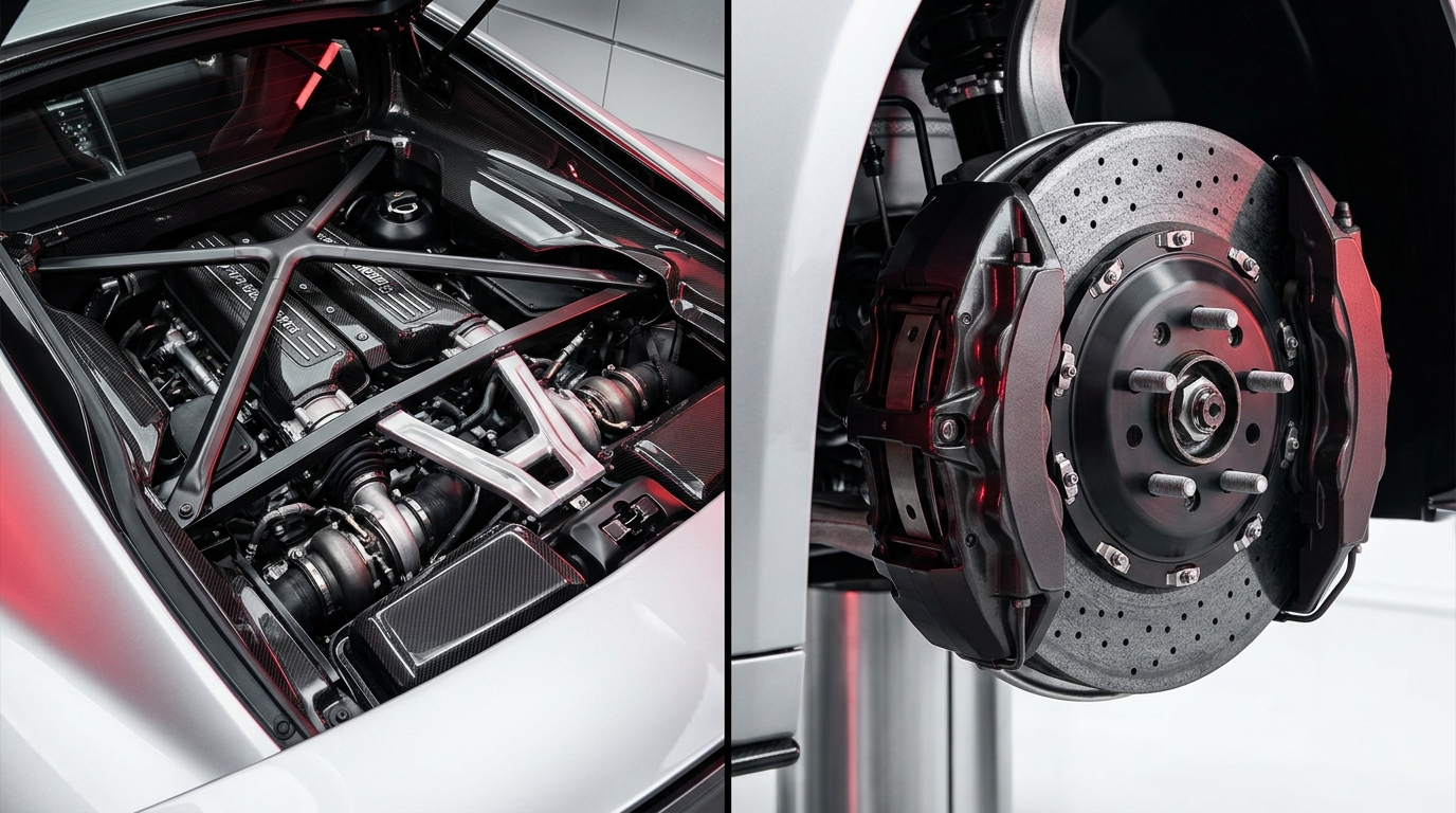 European performance engine bay and carbon-ceramic ventilated disc brake assembly