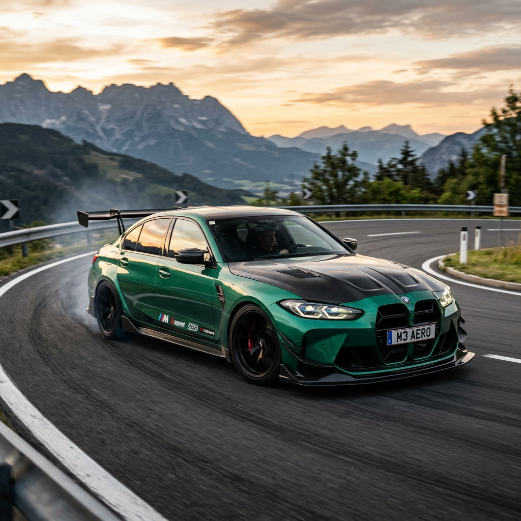 BMW M3 in green with black hood drifting on a mountain road curve with mountainous landscape